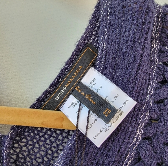 BCBGMaxAzria Navy Blue Silver Metallic New One Size Boho Longline Fringe Poncho - Picture 7 of 11